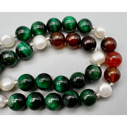 201 - A Wonderful Cultured Freshwater Pearl, Agate and Tigers Eye Hand-Made long Necklace. 925 Silver Clas... 