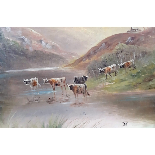 958 - An Oil on Canvas - By C.F. Watson. Mid 20th century artwork depicting bulls in a valley stream. In g... 