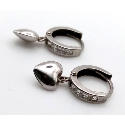 1034 - A Pair of Sterling Silver and White Stone Hoop-Heart Earrings. 22mm.