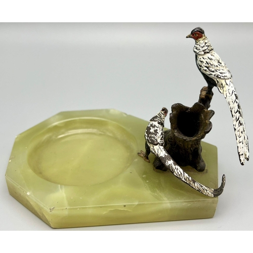 1045 - A Stunning Vintage Art Deco Onyx Dish with Two Cold-Painted Bronze Pheasants and a tree stump in the... 