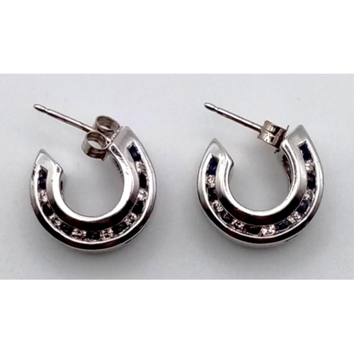 109 - 9K WHITE GOLD DIAMOND & SAPPHIRE HOOP EARRINGS 9G