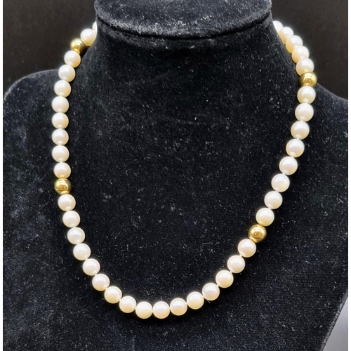 1103 - 18k Yellow Gold pearl sphere choker necklace  22.6g