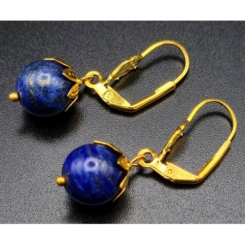 704 - A Pair of 18K Gold Plated Lapis Lazuli Lotus Flower Lever Back Earrings.