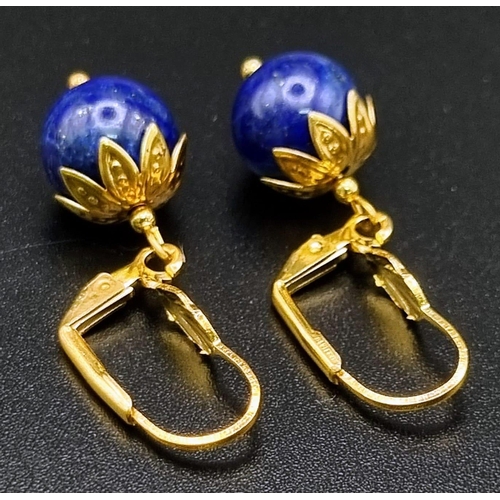 704 - A Pair of 18K Gold Plated Lapis Lazuli Lotus Flower Lever Back Earrings.