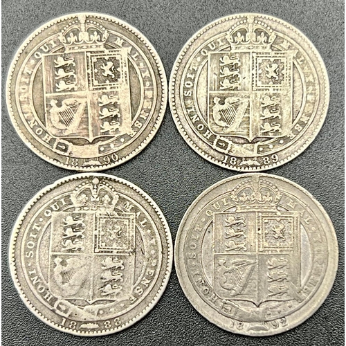 766 - Four Jubilee Head Queen Victoria Silver Shilling Coins.
1888, 1889, 1890, 1892. Please see photos fo... 