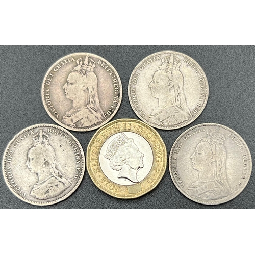 766 - Four Jubilee Head Queen Victoria Silver Shilling Coins.
1888, 1889, 1890, 1892. Please see photos fo... 