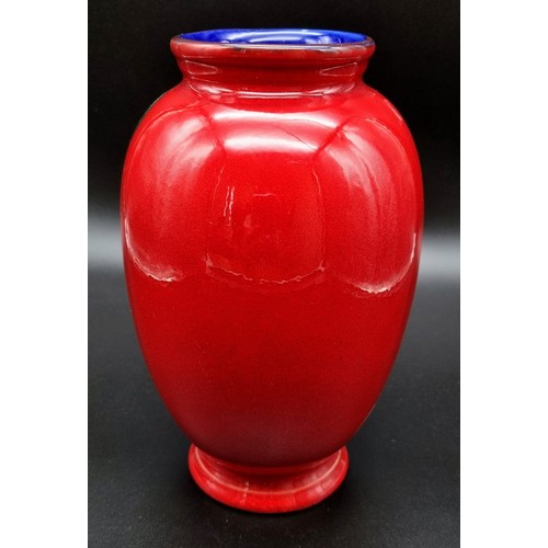 951 - A Lovely Poole Pottery Red and Green Glazed Vase. Rich blue interior. 20cm tall.