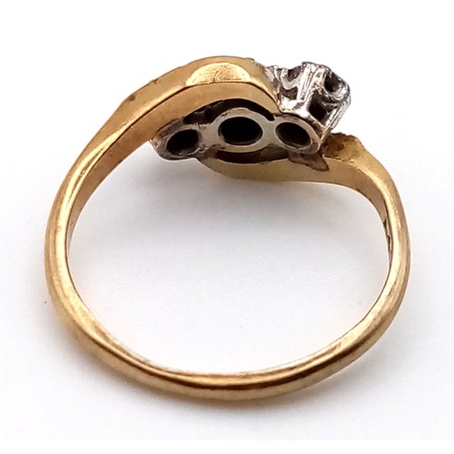 137 - 18K Yellow Gold & PLATINUM VINTAGE 3 STONE DIAMOND TWIST RING 3.3G SIZE M