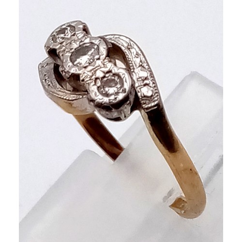 137 - 18K Yellow Gold & PLATINUM VINTAGE 3 STONE DIAMOND TWIST RING 3.3G SIZE M