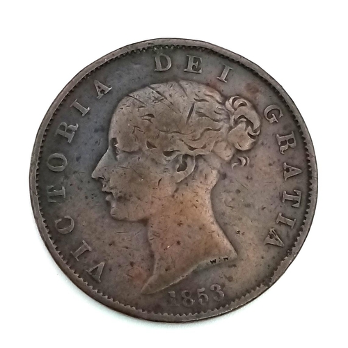 1092 - Five Queen Victoria Copper Half Penny Coins: 4 x 1853 and an 1854. Please see photos for conditions.