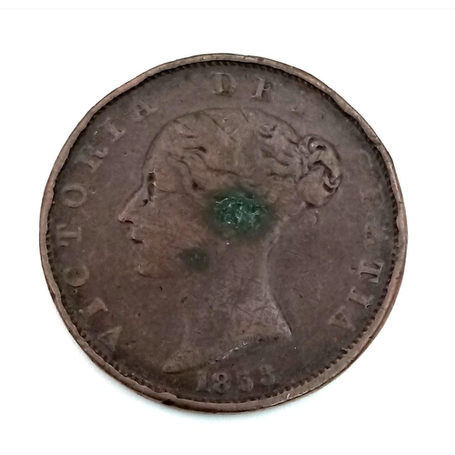 1092 - Five Queen Victoria Copper Half Penny Coins: 4 x 1853 and an 1854. Please see photos for conditions.