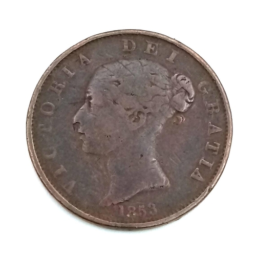 1092 - Five Queen Victoria Copper Half Penny Coins: 4 x 1853 and an 1854. Please see photos for conditions.