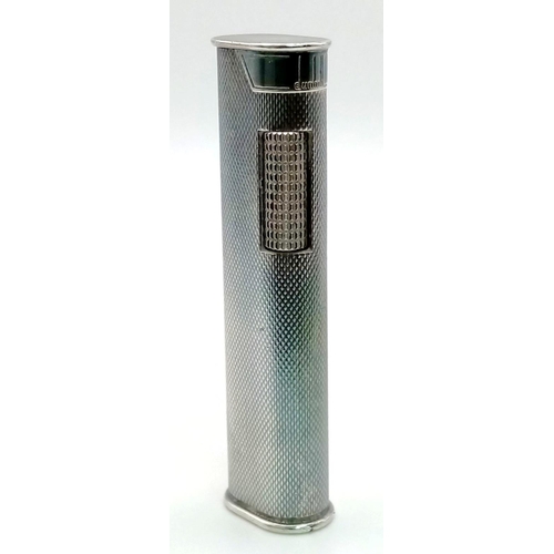 843 - A Wonderful Vintage Dunhill Silver Plate Lighter. In good condition but a/f. 7cm.