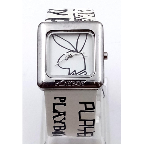 210 - A ladies PLAYBOY watch. 28 mm square dial, white face with the playboy emblem, white leather custom ... 