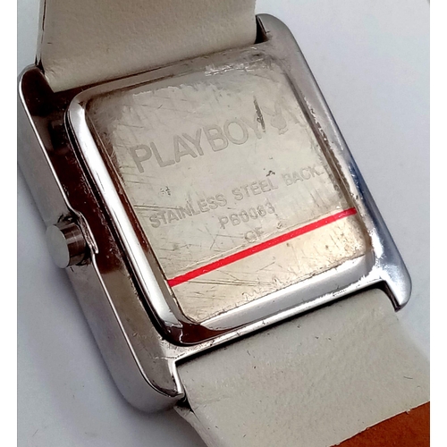 210 - A ladies PLAYBOY watch. 28 mm square dial, white face with the playboy emblem, white leather custom ... 