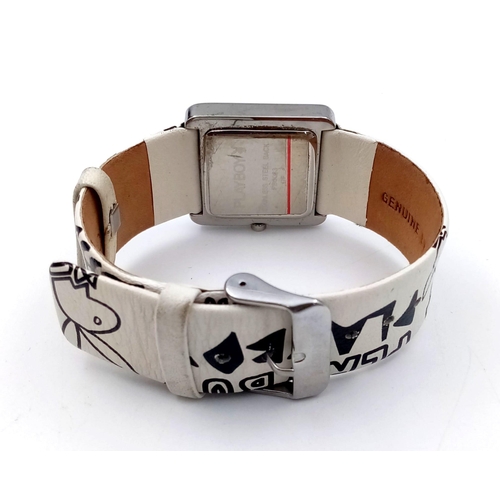 210 - A ladies PLAYBOY watch. 28 mm square dial, white face with the playboy emblem, white leather custom ... 