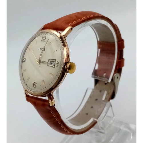 385 - Oris automatic pale tone watch with leather strap. 40mm. Length: 23cm