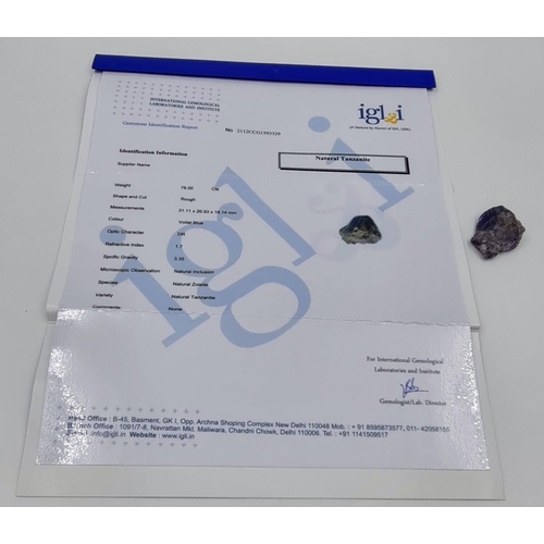 568 - 78ct Natural Rough Tanzanite. IGLI&I Certified.