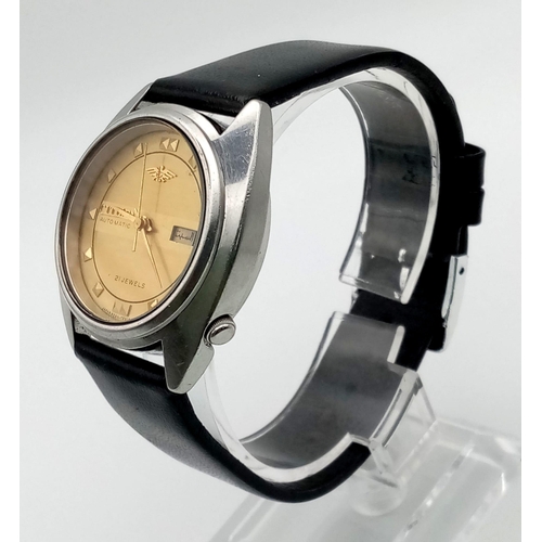 343 - Citizen eagle automatic 21 jewel watch with leather strap. 38mm. Length: 23cm.