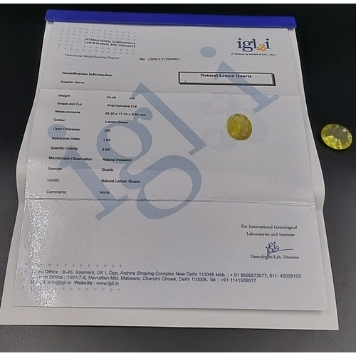 575 - 24.40ct Natural Lemon Quartz. Oval Cut. IGLI&I Certified.