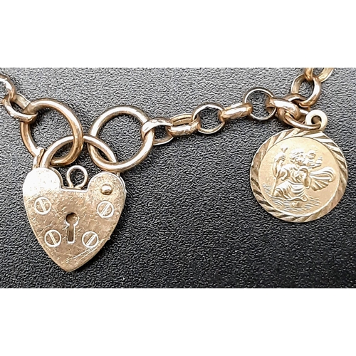 29 - A 9K Yellow Gold Belcher Link Bracelet with Heart Clasp and St Christopher Charm. 20cm. 3.73g total ... 