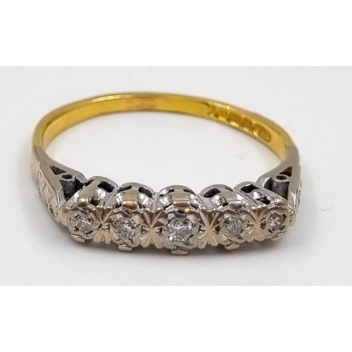 744 - An 18K Yellow Gold Vintage Five-Stone Diamond Ring. 0.10ct. Size P. 3.4g