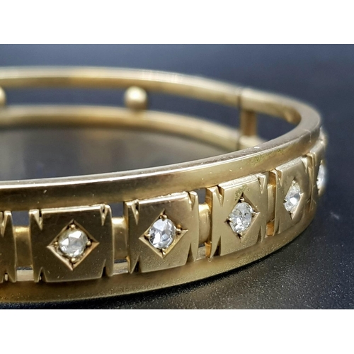 50 - An Exquisite Antique Victorian 15k Yellow Gold (tested) and Seven Diamond Bangle/Bracelet. 1ct. 6cm ... 