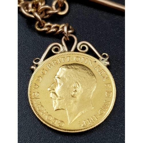 8 - A 22K Gold 1913 Full Sovereign Coin with a 9K Gold Fob Chain. 25.92g total weight.