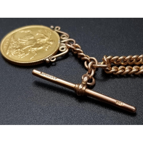 8 - A 22K Gold 1913 Full Sovereign Coin with a 9K Gold Fob Chain. 25.92g total weight.