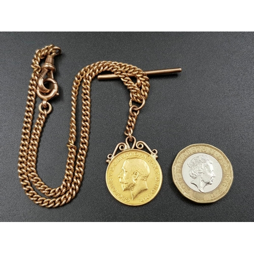 8 - A 22K Gold 1913 Full Sovereign Coin with a 9K Gold Fob Chain. 25.92g total weight.