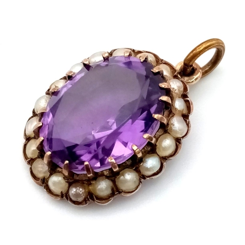 425 - Antique style Amethyst and a halo of seed pearls pendant. 26mm in length, weights 2 grams