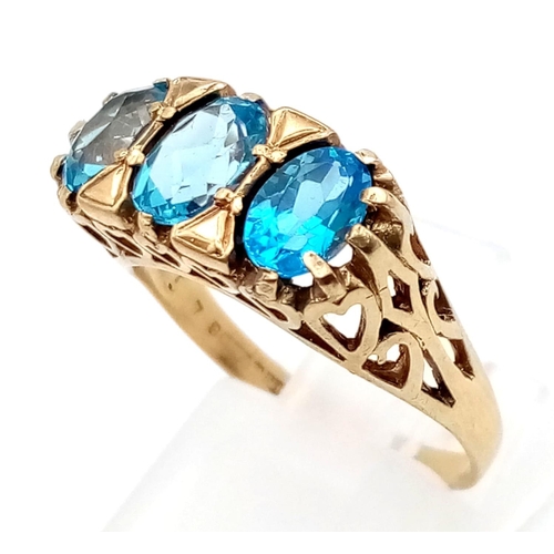 712 - A 9K Yellow Gold Blue Turquoise Ring. Three clean turquoise stones set in a pierced foundation. Size... 