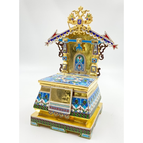 628 - A Russian Silver-Gilt and Cloisonné Enamel Throne and Trinket Box. Richly gilded with intricate cloi... 