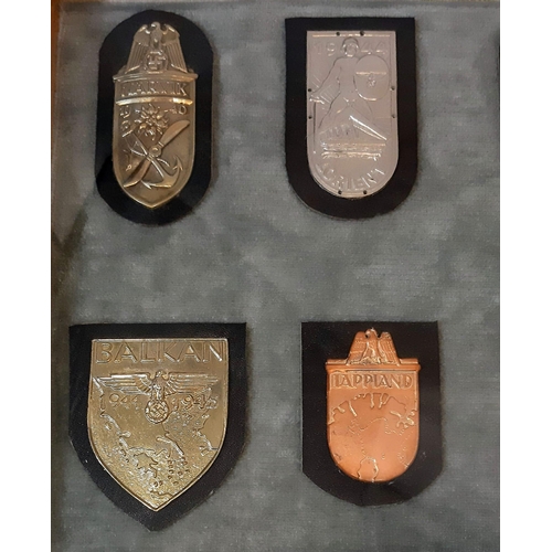 302 - A Vintage Framed and Glazed Collection of 10 German Third Reich Badges on leather backings (possible... 