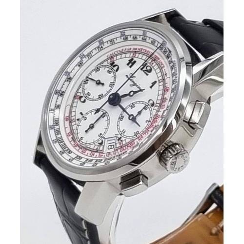 4 - A gents LONGINES TACHYMETER CHRONOGRAPH. Stainless steel with alligator leather strap. 42 mm dial wi... 