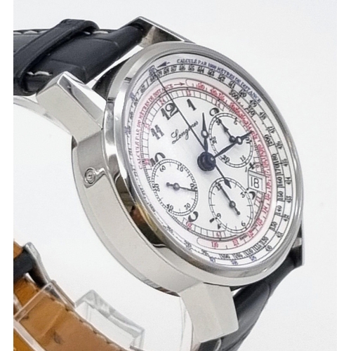 4 - A gents LONGINES TACHYMETER CHRONOGRAPH. Stainless steel with alligator leather strap. 42 mm dial wi... 