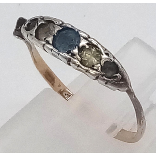 416 - A 9K Yellow Gold Ring with Blue and White Stones. Size L
1.5g total weight.