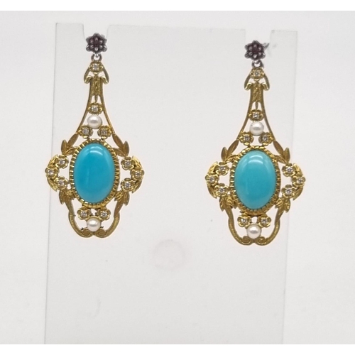 61 - A Pair of 18K Yellow Gold Victorian Natural Turquoise Seed Pearl and Diamond Drop Earrings. Turquois... 