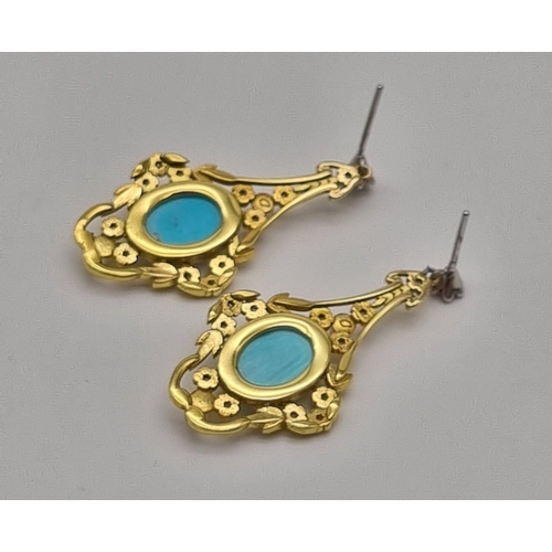 61 - A Pair of 18K Yellow Gold Victorian Natural Turquoise Seed Pearl and Diamond Drop Earrings. Turquois... 