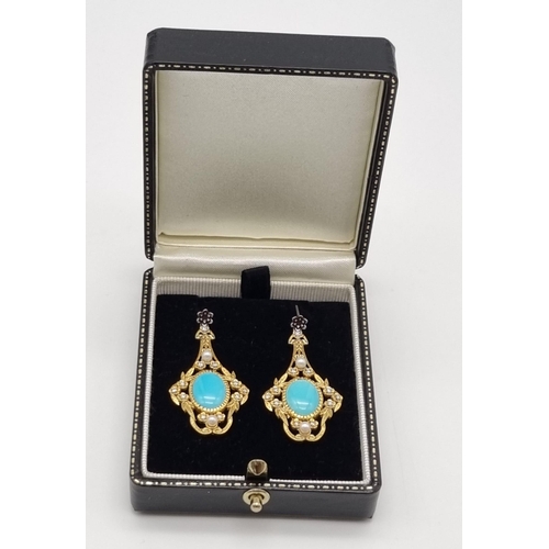 61 - A Pair of 18K Yellow Gold Victorian Natural Turquoise Seed Pearl and Diamond Drop Earrings. Turquois... 