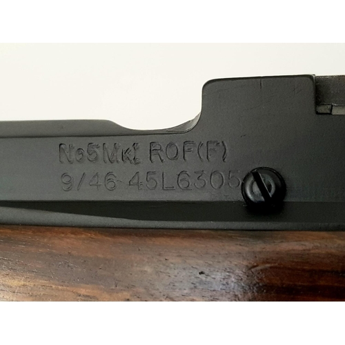 48 - An Enfield No. 5 Bolt Action Jungle Carbine Rifle. Very good to mint barrel. Nice tiger-stripped woo... 