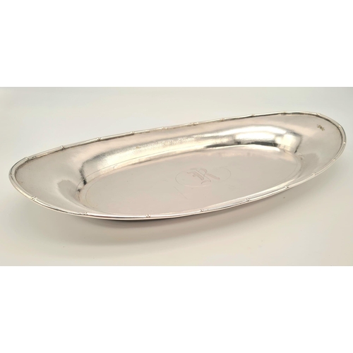 1198 - Antique Chinese Solid Silver Very Large Serving Dish Or Plate 35cm x 18cm. Hallmarked at the base.