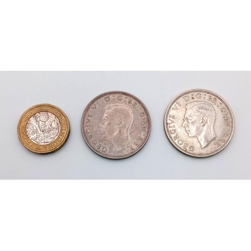 1199 - Two George VI Silver Half Crown Coins - 1937 and 1945. Please see photos for conditions.