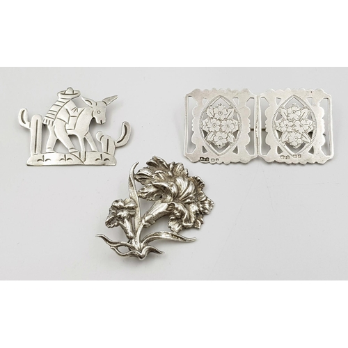 1197 - Early solid silver three brooches. Mexican man with donkey is hallmarked 925, 5.5cm. One is English ... 