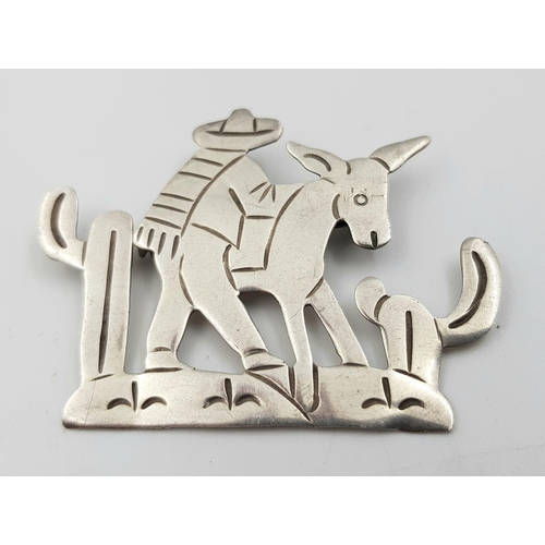 1197 - Early solid silver three brooches. Mexican man with donkey is hallmarked 925, 5.5cm. One is English ... 