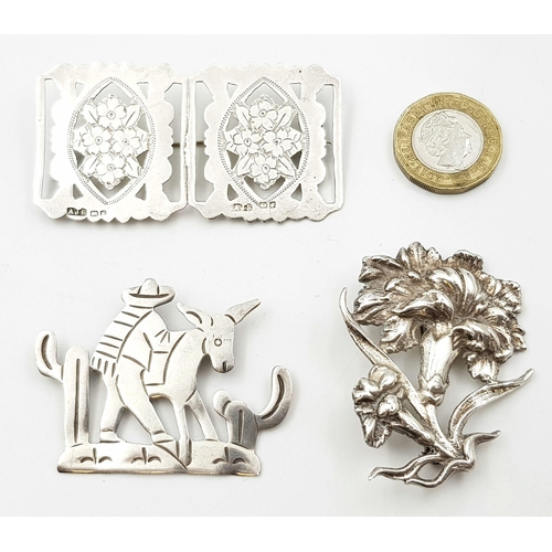 1197 - Early solid silver three brooches. Mexican man with donkey is hallmarked 925, 5.5cm. One is English ... 