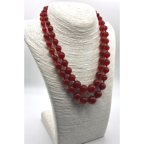 116 - A Fire Autumn Agate Graduated Two-Row Bead Necklace.
14mm largest bead. 42-46cm.