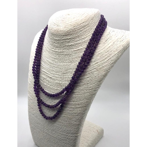 130 - A Beautiful Natural Amethyst Three-Strand Bead Necklace. 5mm beads. 42-46cm. Click and close clasp w... 