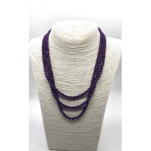 130 - A Beautiful Natural Amethyst Three-Strand Bead Necklace. 5mm beads. 42-46cm. Click and close clasp w... 