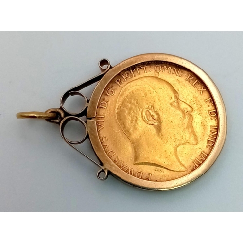 219 - A 22k Gold 1910 Half Sovereign Set in a 9K Yellow Gold Pendant Casing. 5.32g total weight.